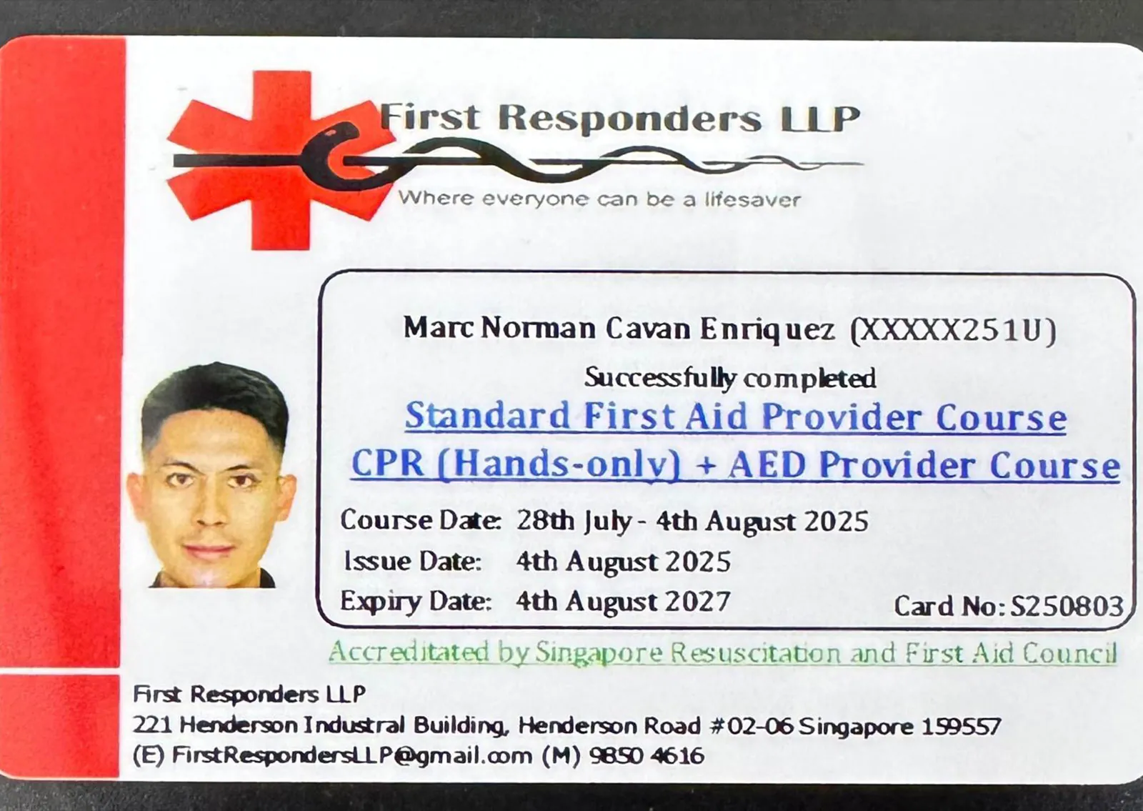 Standard First Aid and CPR/AED provider card issued to Marc Norman Cavan Enriquez by First Responders LLP