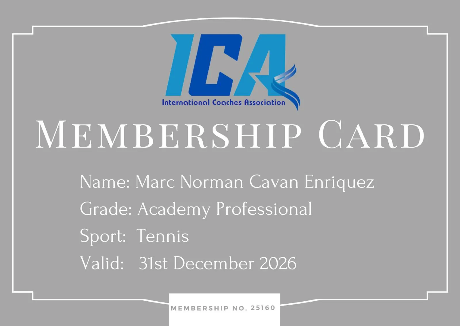 International Coaches Association membership card naming Marc Norman Cavan Enriquez an Academy Professional in tennis