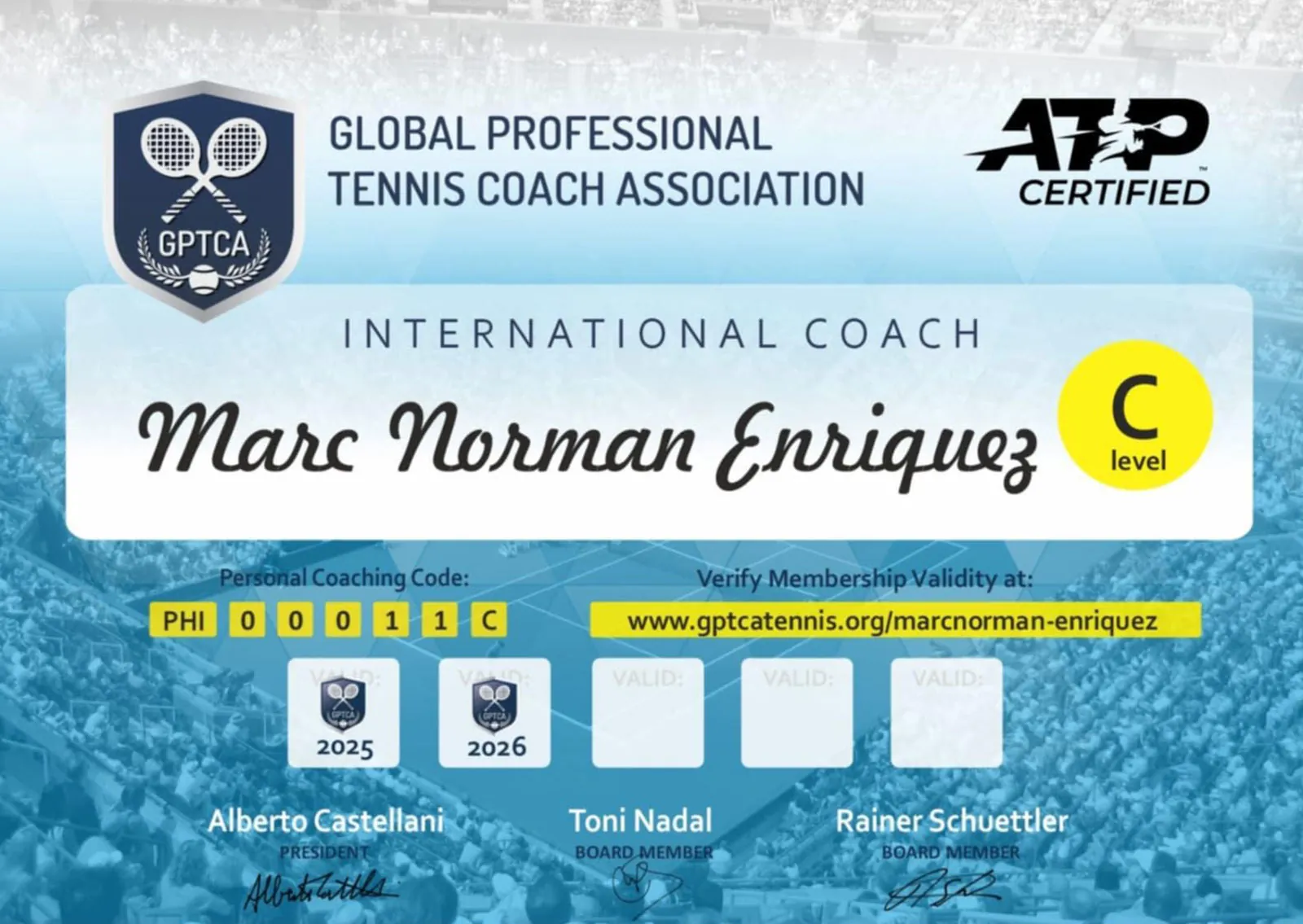 Global Professional Tennis Coach Association international coach card certifying Marc Norman Enriquez at C level