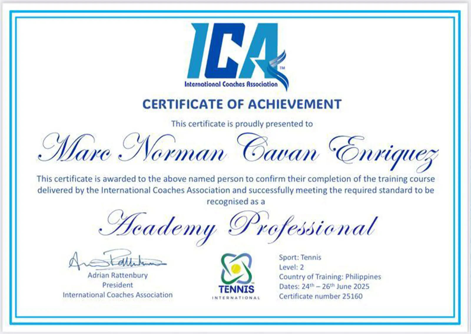 International Coaches Association certificate of achievement recognising Marc Norman Cavan Enriquez as an Academy Professional