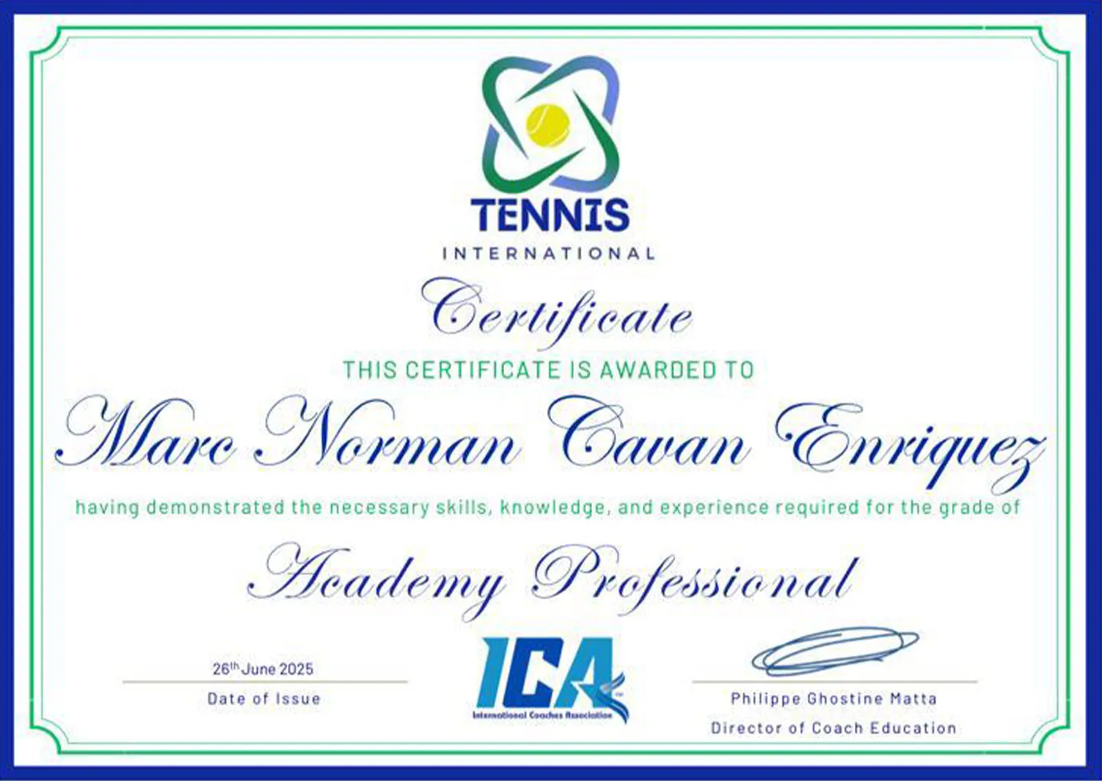 Tennis International certificate awarding Marc Norman Cavan Enriquez the grade of Academy Professional