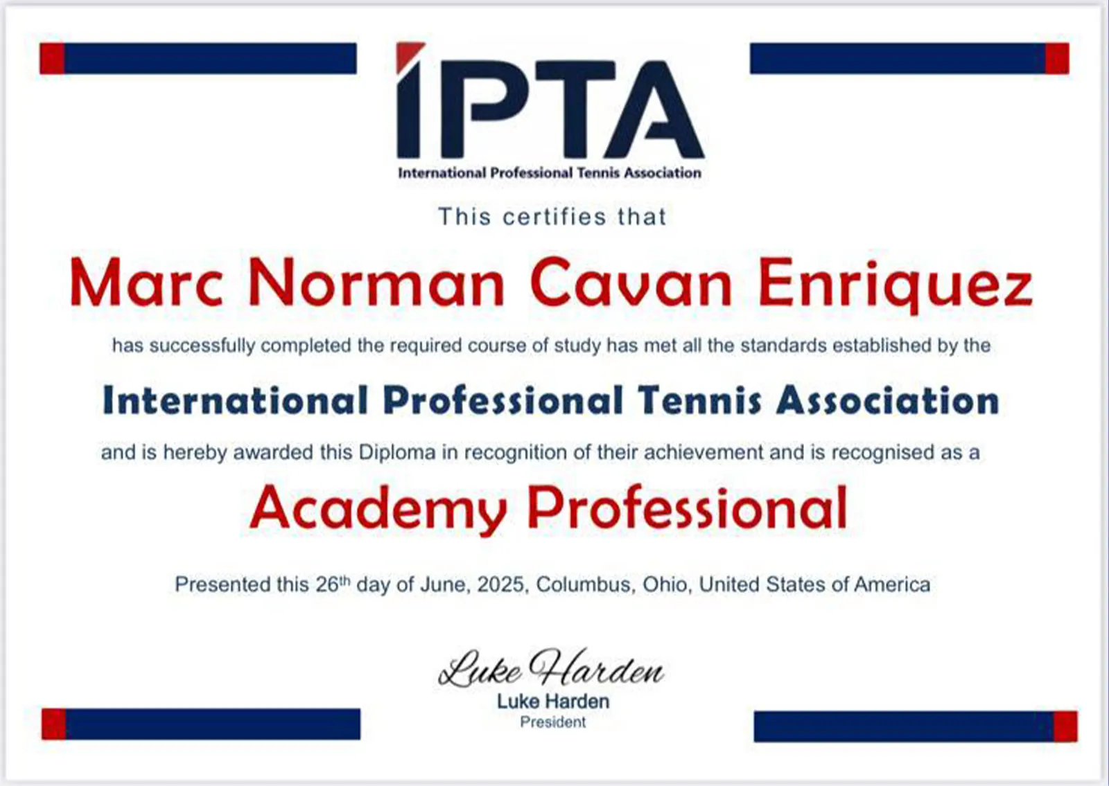 International Professional Tennis Association diploma recognising Marc Norman Cavan Enriquez as an Academy Professional
