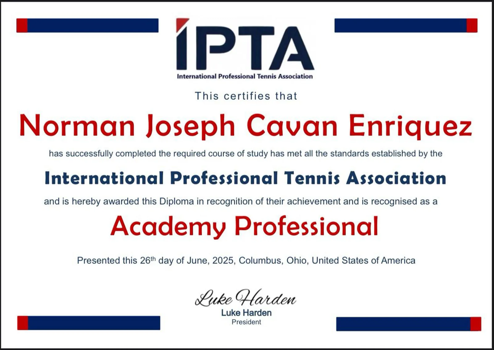 International Professional Tennis Association diploma recognising Norman Joseph Cavan Enriquez as an Academy Professional
