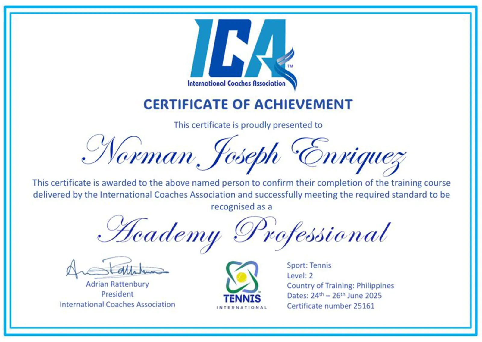International Coaches Association certificate of achievement recognising Norman Joseph Enriquez as an Academy Professional