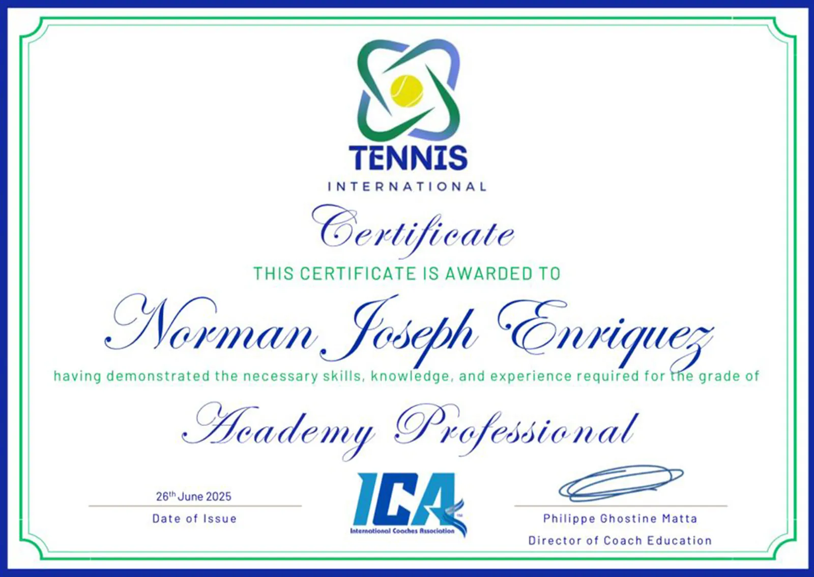 Tennis International certificate awarding Norman Joseph Enriquez the grade of Academy Professional