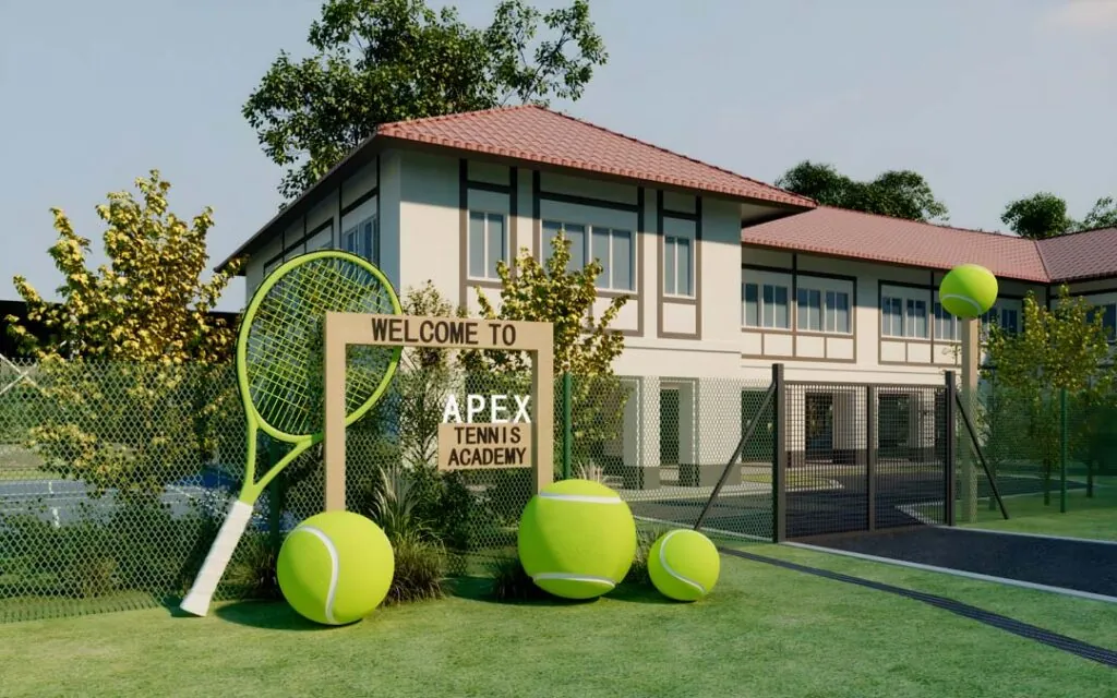 The “Welcome to Apex Tennis Academy” sign outside the clubhouse