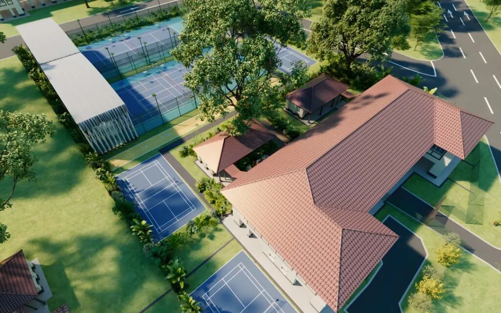 Aerial view of the Apex Tennis grounds, clubhouse and surrounding courts