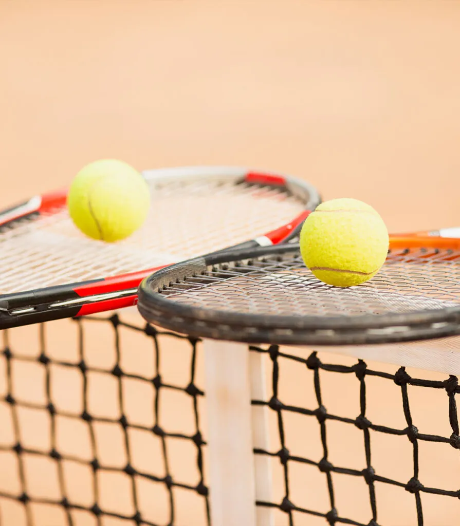 Two racquets and two balls resting on the net cord