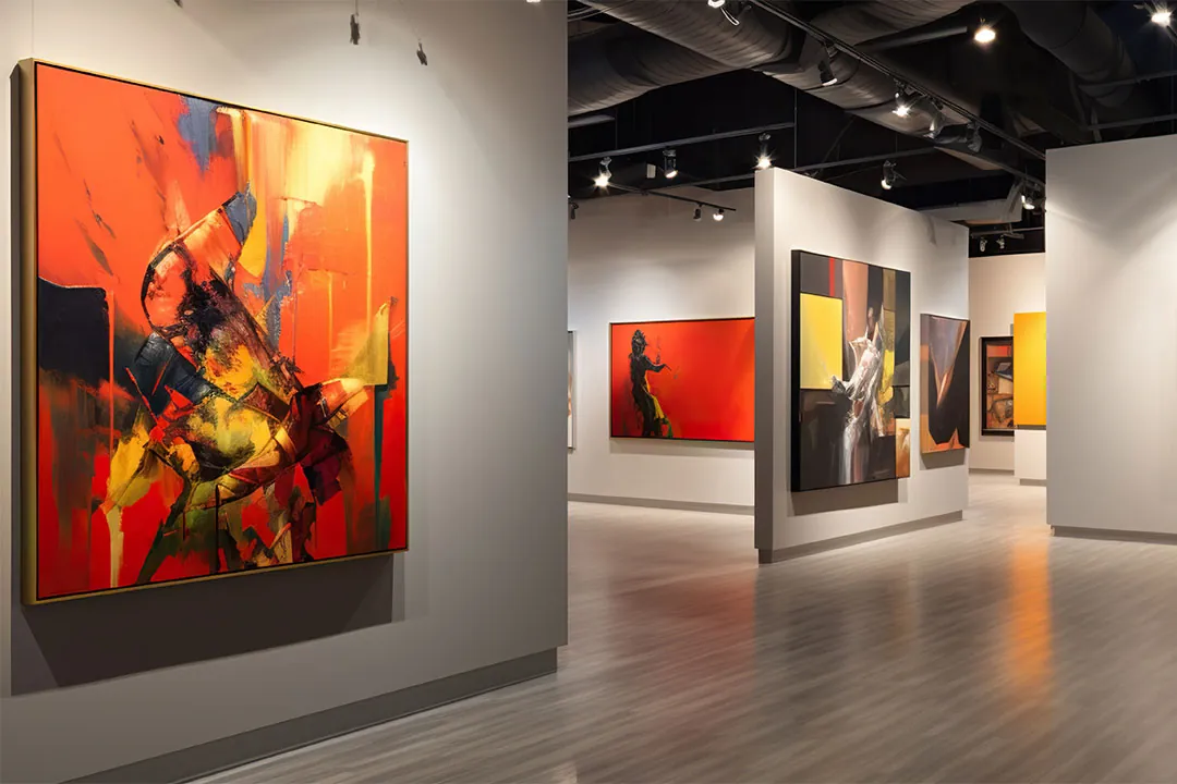 画廊展厅内，射灯照亮墙上数幅色彩浓烈的抽象画作