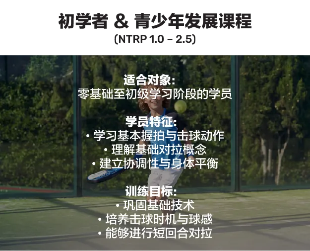 初学者 & 青少年发展课程(NTRP 1.0 – 2.5)。适合对象:零基础至初级学习阶段的学员。学员特征:学习基本握拍与击球动作、理解基础对拉概念、建立协调性与身体平衡。训练目标:巩固基础技术、培养击球时机与球感、能够进行短回合对拉。