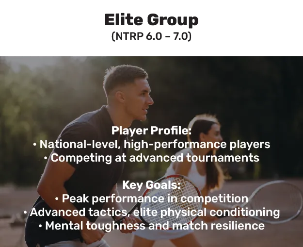Elite Group (NTRP 6.0 – 7.0). Player Profile: national-level, high-performance players; competing at advanced tournaments. Key Goals: peak performance in competition; advanced tactics, elite physical conditioning; mental toughness and match resilience.
