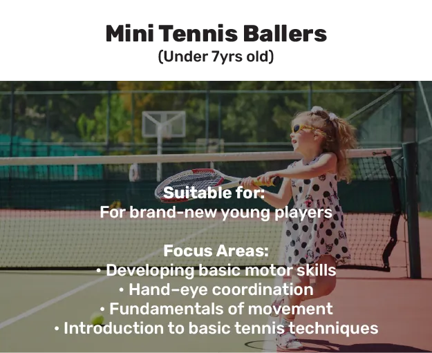 Mini Tennis Ballers (Under 7yrs old). Suitable for: for brand-new young players. Focus Areas: developing basic motor skills; hand–eye coordination; fundamentals of movement; introduction to basic tennis techniques.