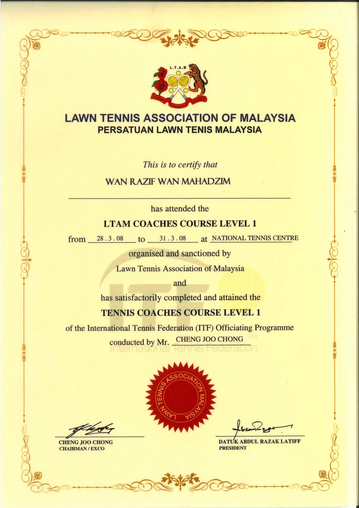 马来西亚草地网球协会(LTAM)Level 1 教练课程证书(ITF 裁判培训计划),2008 年