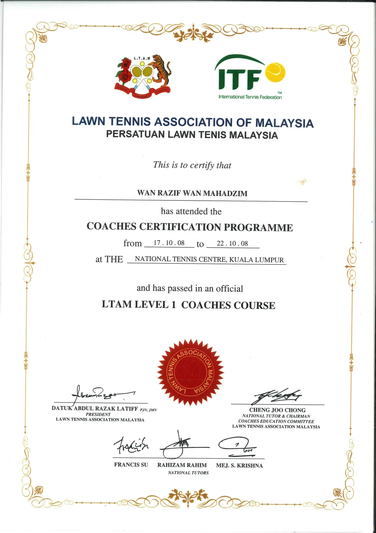 马来西亚草地网球协会(LTAM)Level 1 教练课程结业证书,2008 年