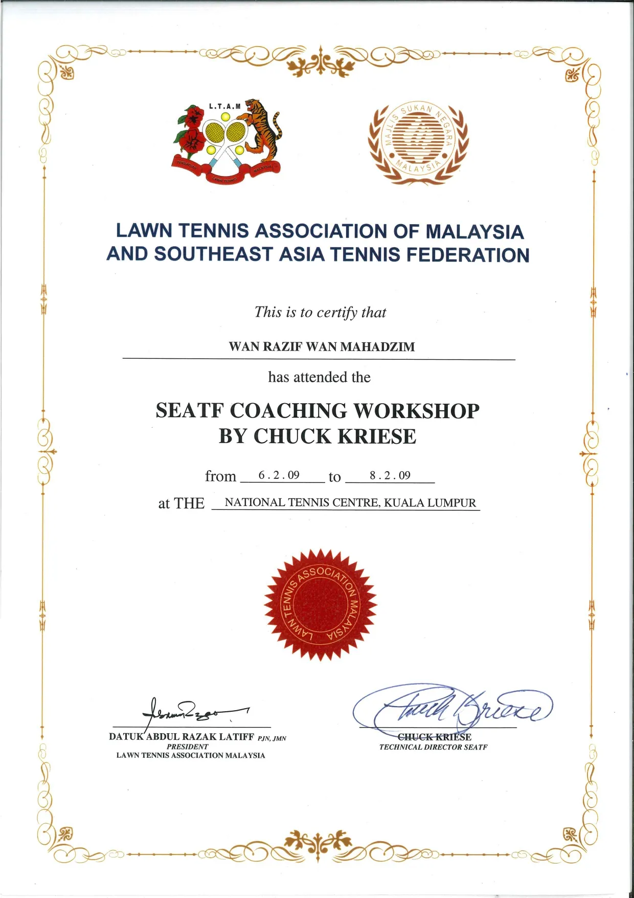马来西亚草地网球协会与东南亚网球联合会主办、Chuck Kriese 主讲的 SEATF 教练工作坊证书,2009 年