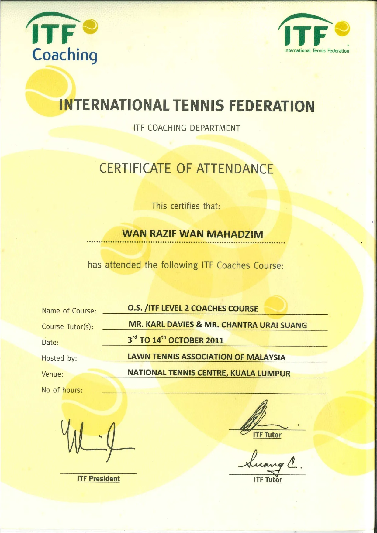 国际网球联合会(ITF)Level 2 教练课程出席证书,2011 年吉隆坡