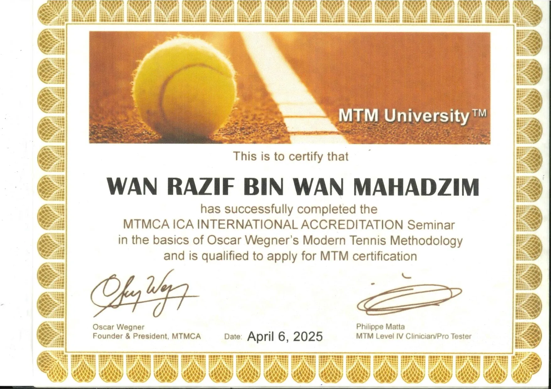 MTM University 颁发的 MTMCA ICA 国际认证研修证书,内容为 Oscar Wegner 现代网球训练方法
