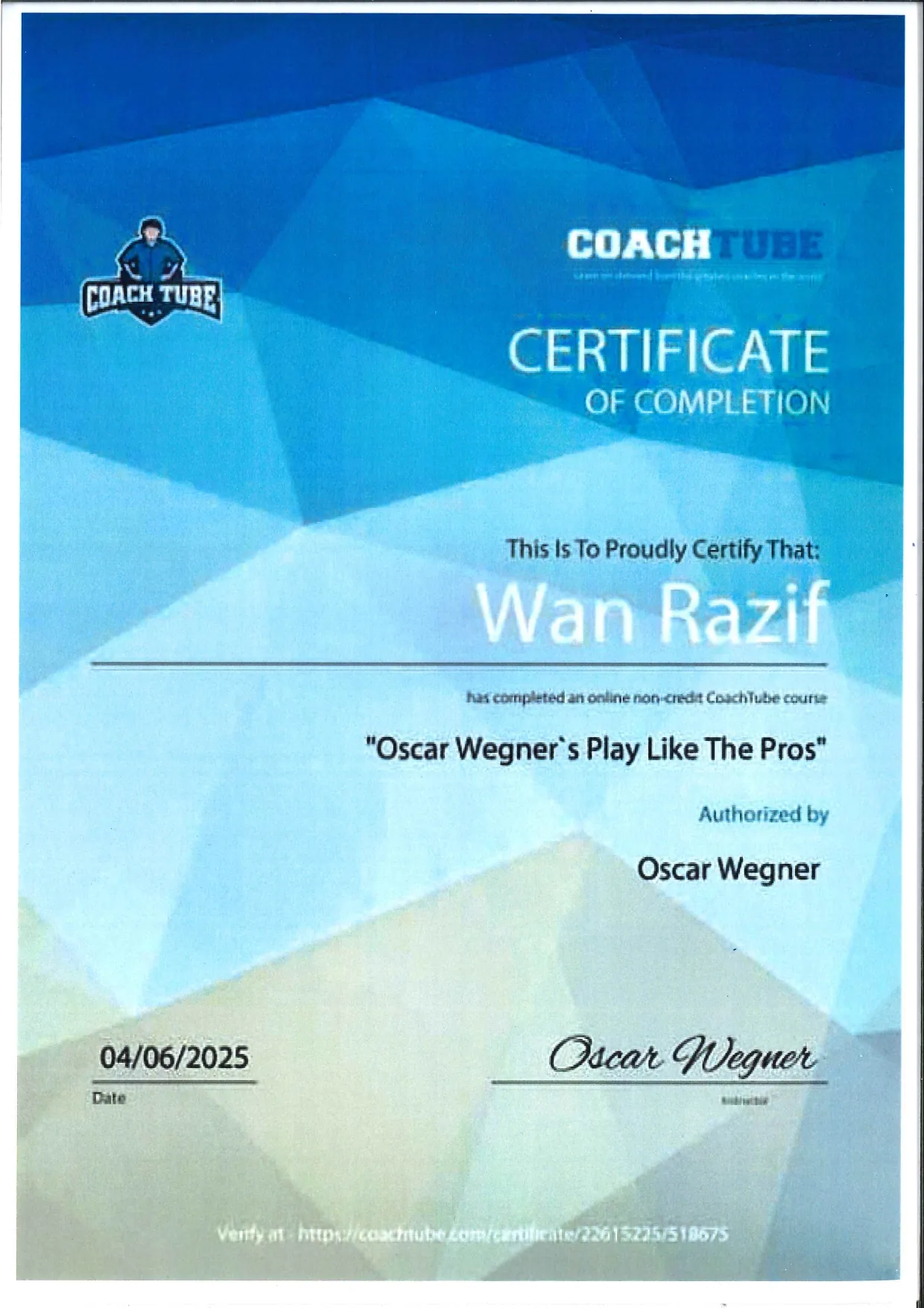 CoachTube 颁发的 Oscar Wegner “Play Like The Pros” 课程结业证书,2025 年
