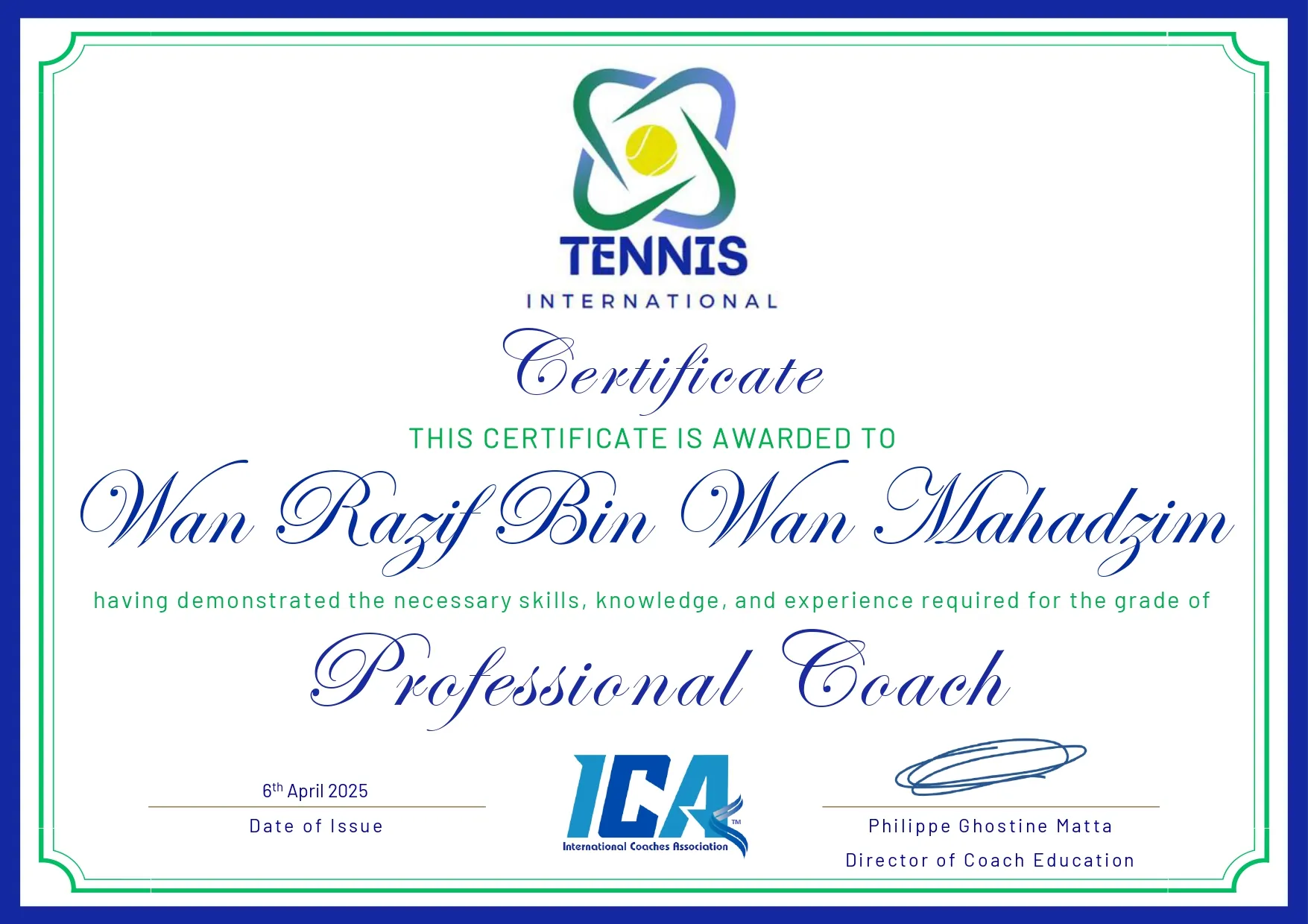 Tennis International 颁发的职业教练(Professional Coach)资格证书,2025 年 4 月 6 日签发