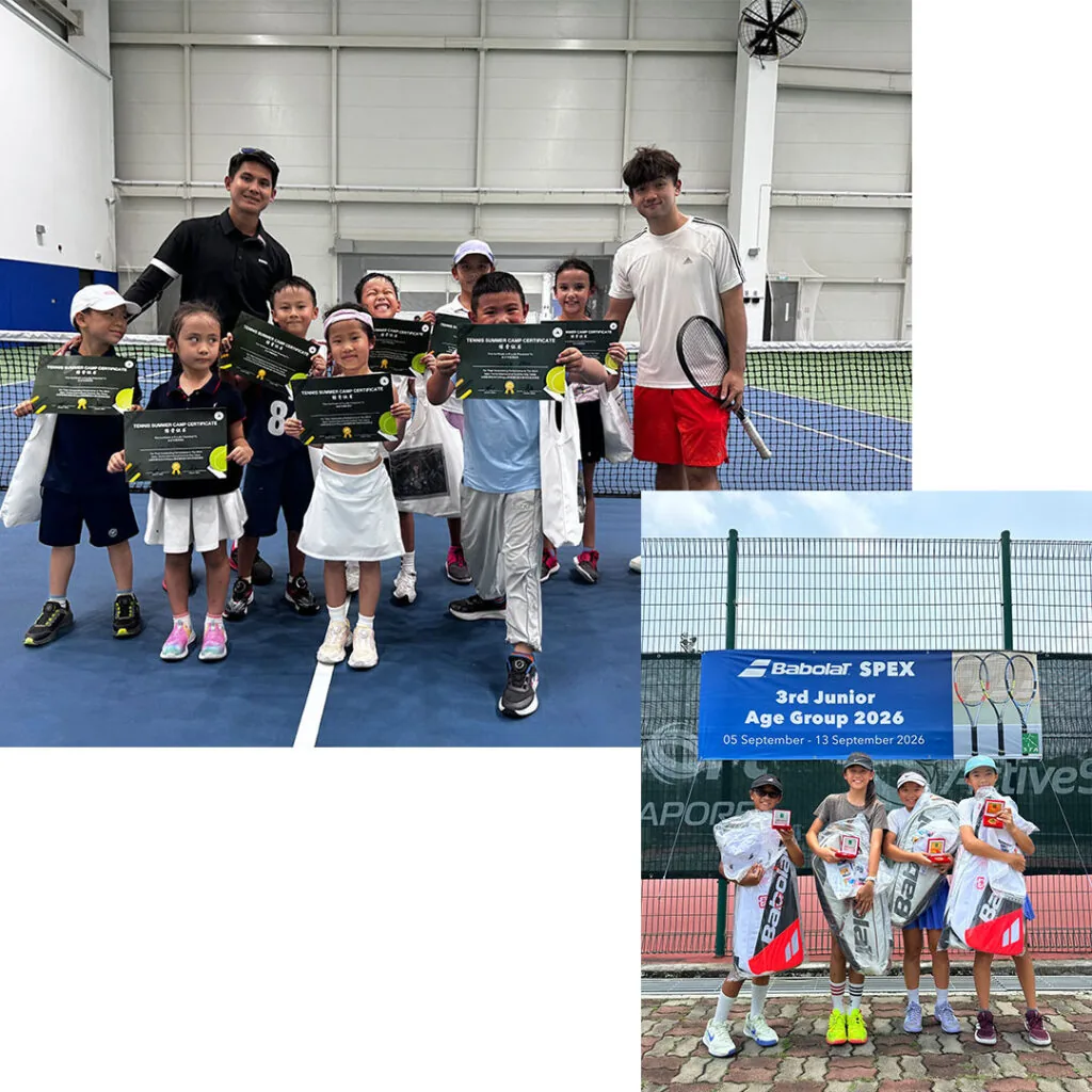 A junior squad holding up their certificates on court, with a coach at each end